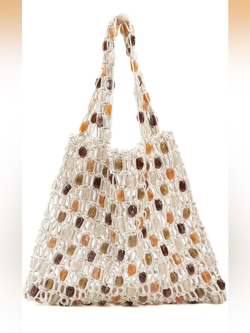 VIRAL Beaded Macrame woven Tote - Cream with Amber & Brown Beads - Picture 2 of 5